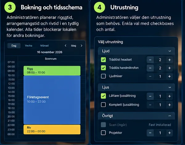 Venivo Booking: kalender och utrustningsval